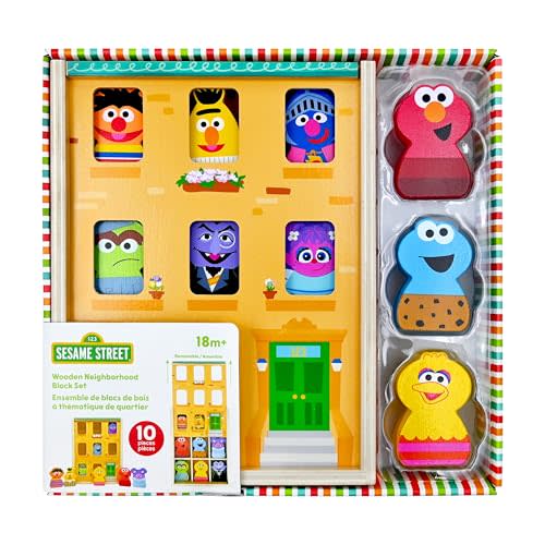 Kids Preferred Sesame Street Wooden Neighborhood Block Set with Storage Case, Toddler Sorting and Matching Blocks