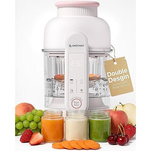 AMZCHEF Baby Food Maker with Auto Steam & Blend, 9-in-1 Baby Puree Maker with Food-grade glass, BPA-Free & Easy Cleaning, Touch Screen, Dishwasher Safe, Off-white