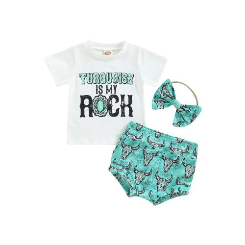 BABAMOON Newborn Baby Girls Western Clothes Letter Cow Print Short Sleeve T-Shirt Shorts Headband Summer Outfits