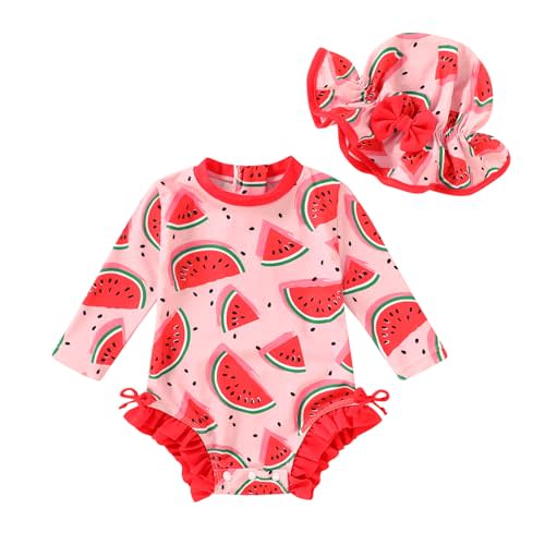 Infant Baby Swimsuit Girl Long Sleeve UPF 50+ Sun Protection One-Piece Rash Guard with Hat Zipper Bathing Suit