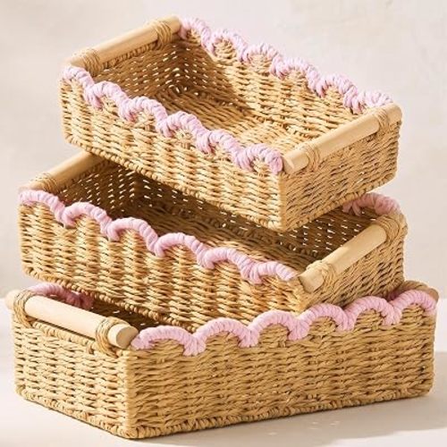 3 Pcs Paper Rope Storage Basket with Wooden Handles, Light Pink