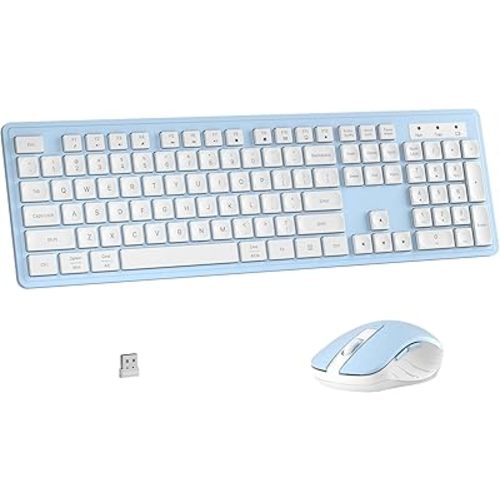 Wireless Keyboard and Mouse Combo, Full-Size 104-Key Office Keyboard with 15 Function Keys, Numeric Keypad, Single USB Receiver, Compatible with PC and Laptop(Blue White)