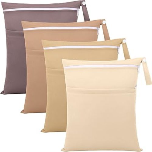 SATINIOR 4 Pack Wet Dry Bags for Baby Cloth Diapers 12x14 Washable Travel Swimsuit Wet Bags Reusable with Two Zippered Pockets for Yoga Gym Swimsuits Travel Beach Pool Soiled Items(Maillard Color)