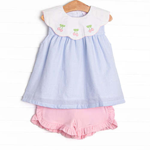 Tart Trio Embroidered Short Set, Blue Seersucker – Stitchy Fish