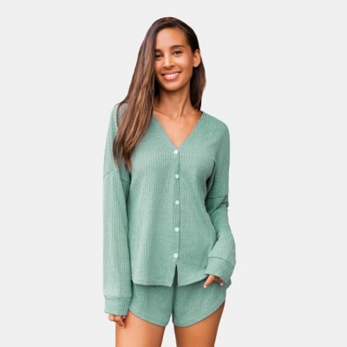 Women's Ribbed Front Button Long Sleeve Top & Shorts Pajama Set - Cupshe, Color: Green, Size: xl