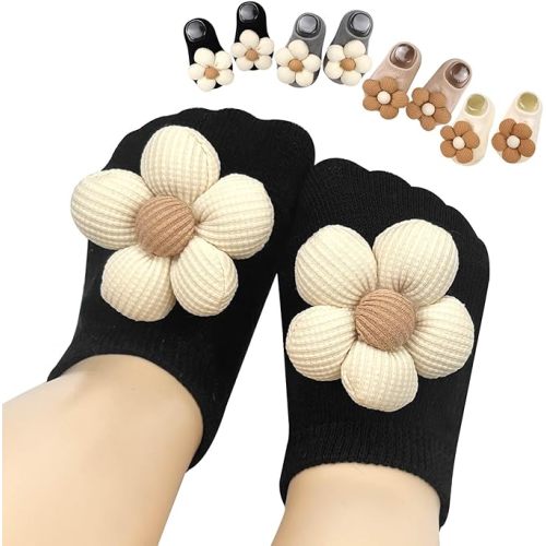 4Packs Baby Girls Socks,Flower Non-Slip Grips for Babies Toddler Princess Low Cut Ankle Socks for Girls