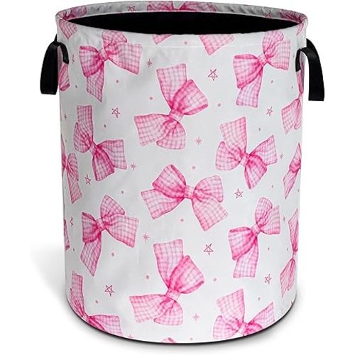Pink Bow Laundry Basket Oxford Cloth Bowknot Laundry Hamper With Handle Foldable Portable Clothes Storage Basket 18.9 X 16.5 In Storage Bag For Laundry Room/Bathroom/Bedroom/Dormitories