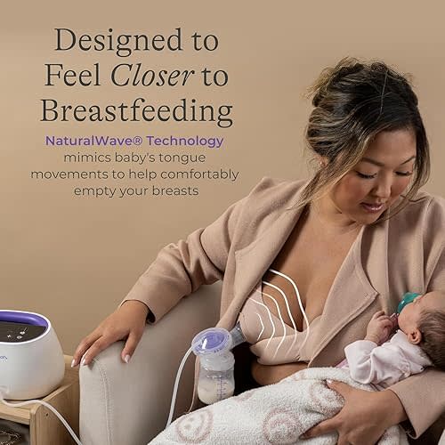 Lansinoh NaturalWave Double Electric Breast Pump White/Purple | Hospital-Grade Suction with 12 Levels, 5 Flange Sizes & Baby-Mimicking Motion | Breastfeeding Essentials for Pumping Moms