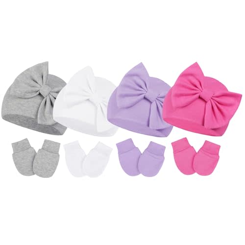 Century Star Newborn Baby Girl Hats and Mittens Set, Hospital Hat, Bow Beanie Infant Gift, Soft Cotton Gloves for 0-6 Months