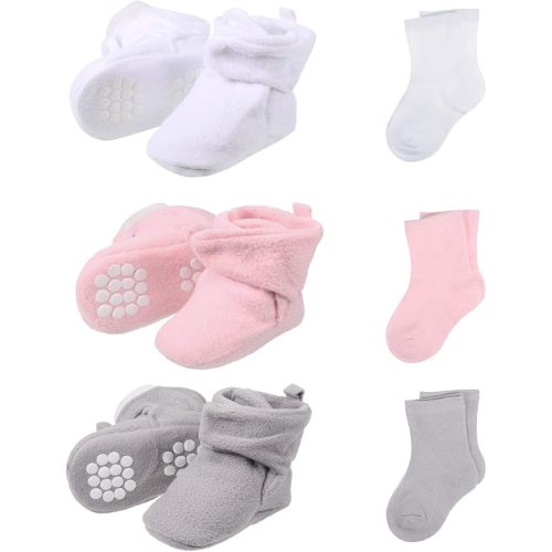SATINIOR 3 Pairs Unisex Cozy Fleece Baby Booties with 3 Pairs Infant Cotton Socks