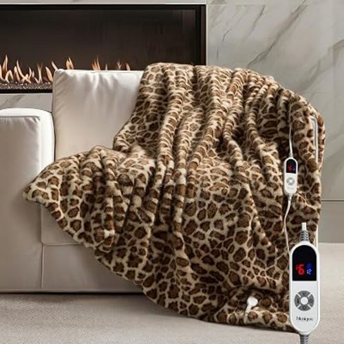 Luxury Faux Fur Heated Blanket Electric Throw - Leopard Print Ultra Soft Thick Warm Heated Blanket, 6 Heating Levels & 12 Hours Auto-Off, ETL Certified, Washable, Luxurious Gifts, 50''x60''