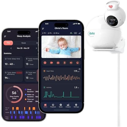iBaby i8 Contactless Smart Baby Monitor with Heart Rate & Sleep Tracking, Cry & Smart Alerts, 1080p Night Vision, Two-Way Audio, 360° View, Sound Machine, No Subscribtion