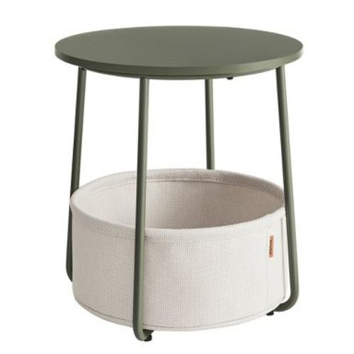 Small Round Side End Table, Modern Nightstand with Fabric Basket Forest Green and Cream White