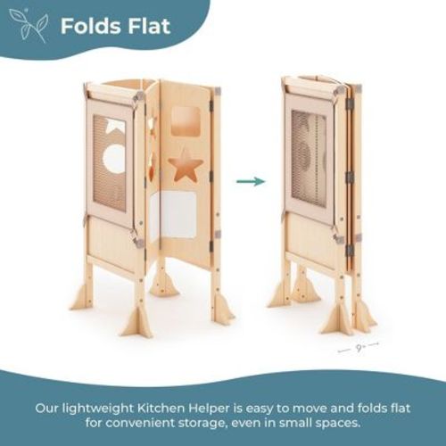 Guidecraft Classic Kitchen Helper Kids' Step Stool: Folding, Adjustable Kids Non-Slip Learning Toddler Tower with Safe Keepers