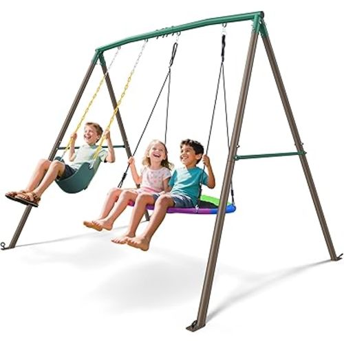 Trekassy 440lbs Swing Sets for Backyard - 2 Seat Outdoor Kids Playset with Saucer & Belt Swing, Heavy-Duty A-Frame Metal Stand for Backyard Playground (Green and Brown)