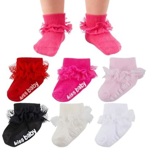 Dioxay Baby Girl Ruffle Eyelet Double Lace Turn - Cuff Ankle Frilly Socks Soft Cotton Dress Socks for Newborn Infant Toddler