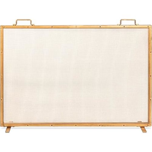 Best Choice Products 38x27in Single Panel Fireplace Screen Handcrafted Steel Mesh Spark Guard for Living Room, Bedroom Décor w/Handles - Antique Gold