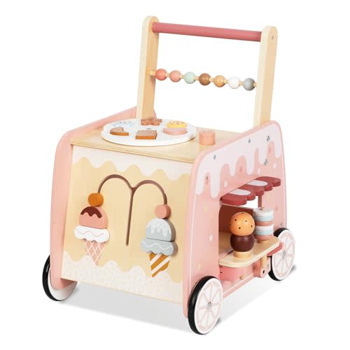 Wooden Baby Walker and Ice Cream Cart Pretend Play Set, 12 Months+ | Push Walker with Wheels, Combines Walking Practice, Removable Treats, Serving Play, and a Bead Bar