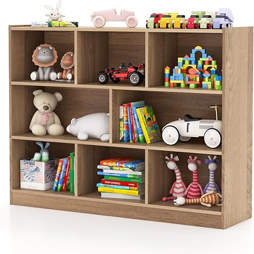 Costzon 3-Shelf Bookcase for Kids, Wooden Toy Storage Organizer for Books Toys, 8-Section Freestanding Classroom Daycare Montessori Bookshelf for Preschool, Home Playroom & Kindergarten (Natural)
