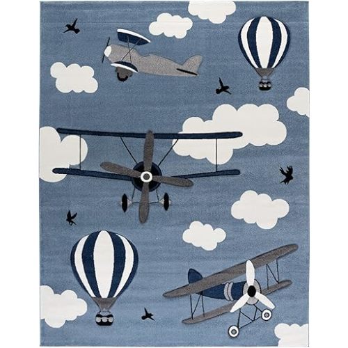 SAFAVIEH Area Rug 8x10 - Carousel Kids Collection - Large - Blue & Ivory, Airplane Design, Non-Shedding & Easy Cleaning, Ideal for Boys & Girls in Playroom, Nursery, Bedroom (CRK137M)