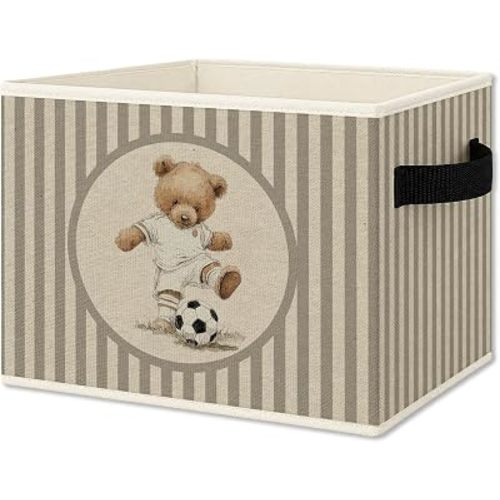 Soccer Bear Nursery Foldable Storage Bins Box with Handles, Neutral Striped Soccer Player Bear Collapsible Organizer Basket for Boys Kids Bedroom Bathroom Playroom Clothes Books