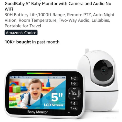 Amazon.com: GoodBaby 5" Baby Monitor with Camera and Audio No WiFi | 30H Battery Life,1000ft Range, Remote PTZ, Auto Night Vision, Room Temperature, Two-Way Audio, Lullabies, Portable for Travel