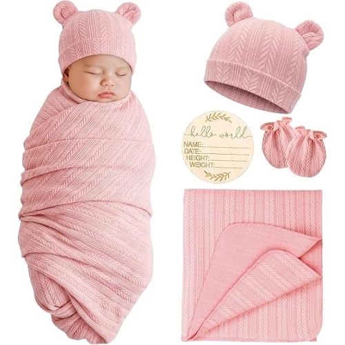 AQOKKA Newborn Receiving Blanket with Bow Hat Mittens Set Nursery Swaddle Wrap Toddler Swaddles for Newborn Baby Boy Girl
