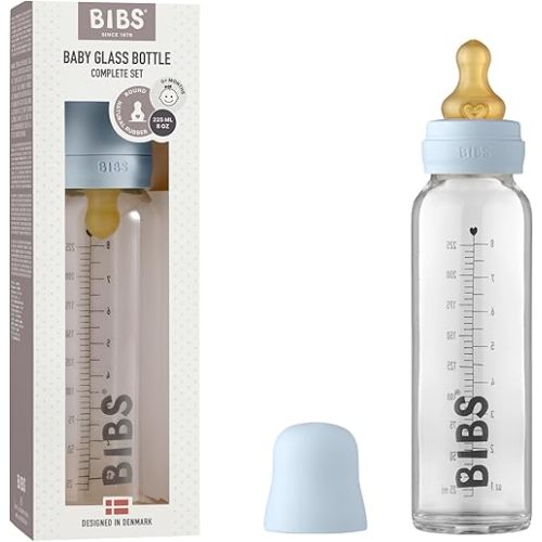 BIBS Baby Glass Bottle. Anti-Colic. Round Natural Rubber Latex Nipple. Supports Natural Breastfeeding, Complete Set - 225 ml, Baby Blue