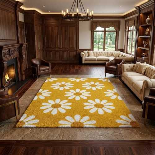 Yellow Daisy Flower Area Rug, Floral Tufted Carpet, Cottagecore Living Room Rug, Cute Boho Nursery Decor, Soft Shag Accent Mat
