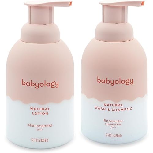 Babyology - 100% Edible Ingredients - All Natural Baby Wash and Shampoo Rose + Organic Baby Lotion SET - 12 FL OZ Good for Sensitive Skin or Eczema - Non Toxic - Fragrance Free (Set of 2)