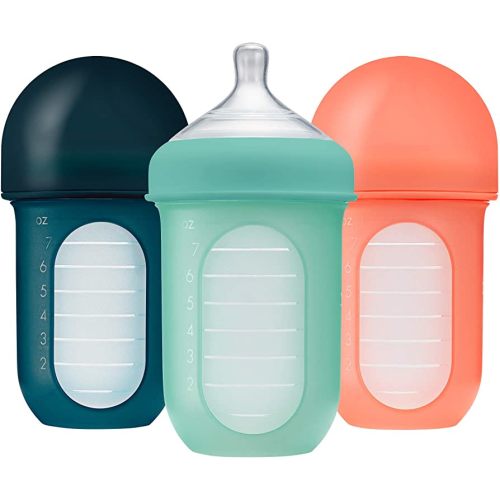 Boon Nursh Reusable Silicone Pouch Baby Bottles - Medium Flow Nipple - Silicone Baby Bottle Pouch and Nipple - Baby Feeding Essentials - Mint - 3-6 Months - 3 Count - 8 Ounce