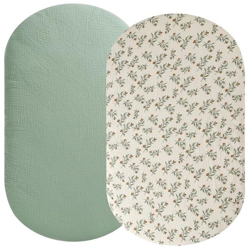 Muslin Bassinet Sheet Compatible with Snoo Smart Sleeper, Dream On Me Lacy Portable, Safety 1st Sleeper Bassinet, 2 Pack Cotton Fitted Bassinet Sheets for Baby Roman Green & Botanical Leaf
