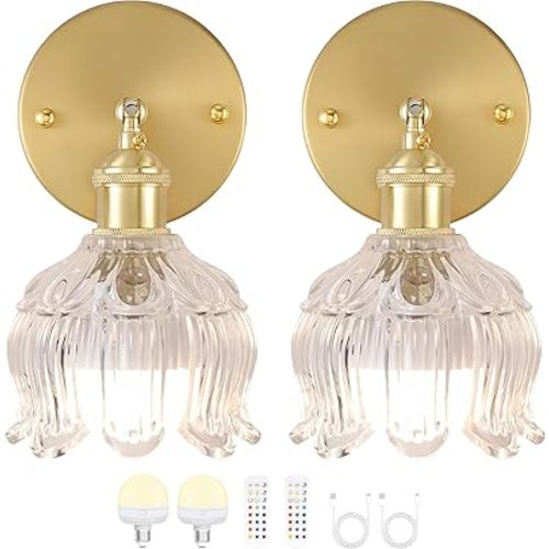 FFVU Vintage Battery Wall Sconce with Flower lampshade,Rechargeable Battery Powered Wall Lights,Wall lamp with 15 Colors for Bedroom Living Room Home Decor (Flower Clear, 2 Light Battery Operated)