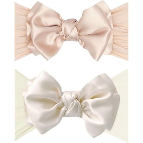 Baby Bling Bows - Newborn to Little Baby Girl Bows, 2PK SATIN FAB® Nylon Super Soft Stretchy Knot Toddler Headbands, Perfect Hair Accessories Head Bands for Infant Kids