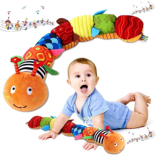 Baby Musical Caterpillar Toys, Infant Stuffed Animal Toys with Crinkle, Rattle and Textures, Soft Sensory Toys for Tummy Time Newborn Boys Girls 0 3 6 12 Months