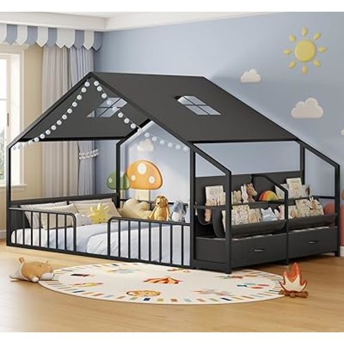 Montessori Full Size Floor Bed, Safety Guardrails, Reading Nook, Black