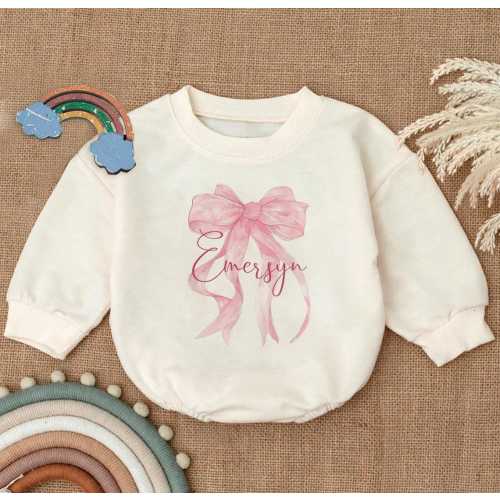 Custom Name Romper Sweatshirt, Personalized Baby Bow Outfit, Baby Shower Gift, Cute Baby Girl Clothes, Infant Outfit with Bow,Baby Gift Idea