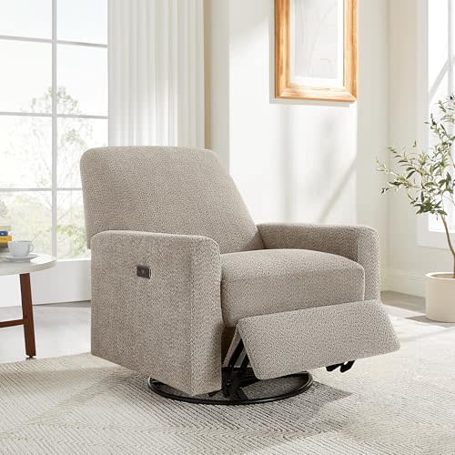 VANOMi Power Swivel Glider Recliner Chair, Electric Nursery Rocker Recliner Chair, USB & Type-C Charger, Warm Camel Boucle