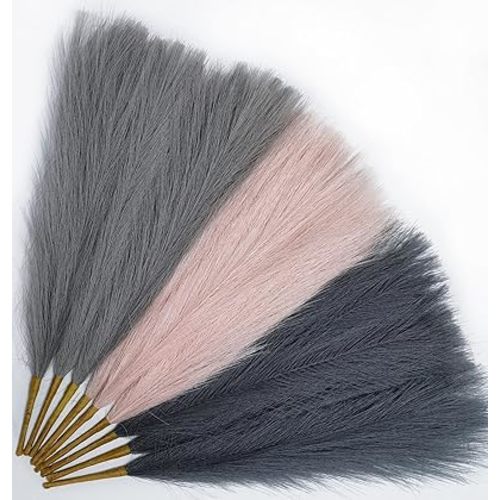 9 Pcs 17" Pampas Grass Faux Dried Decor, Fluffy Fake Small Pompas Artificial Pink Grey Gray Pompous Short Stems Bouquet Flower Arrangement Vase Filler for Boho Home Wedding Decoration