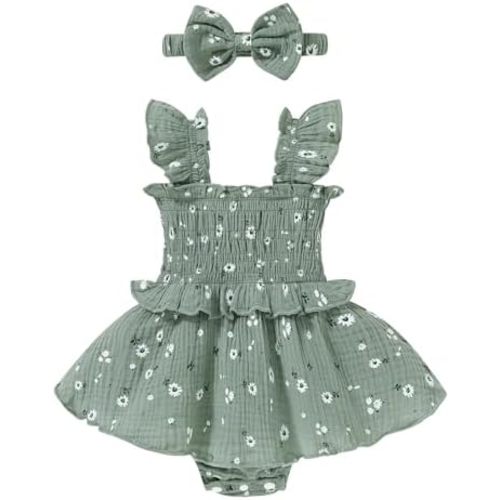 YOUNGER TREE Baby Girl Clothes Ruffle Romper Boho Dress Summer Cake Smash Outfits Infant Bodysuit with Headband