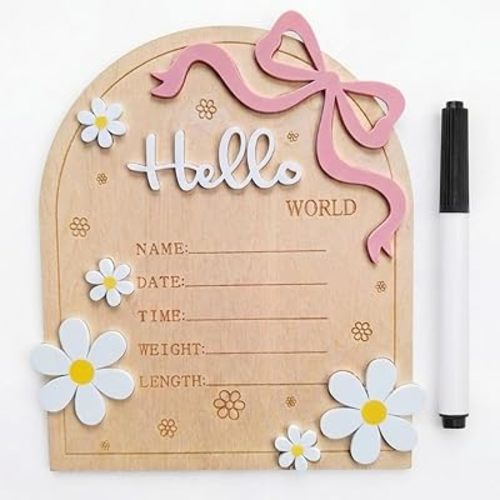 Baby Announcement Sign, Wooden Hello World Newborn Sign for Hospital, 3D Birth Announcement Board, Welcome Baby Name Signs for Nursery, Newborn Gift for Boy & Girl,Daisy Pink Bow