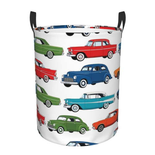Classic Retro Car Pattern Foldable Laundry Hamper with Handle Storage Basket for Clothes Toys & Organizing