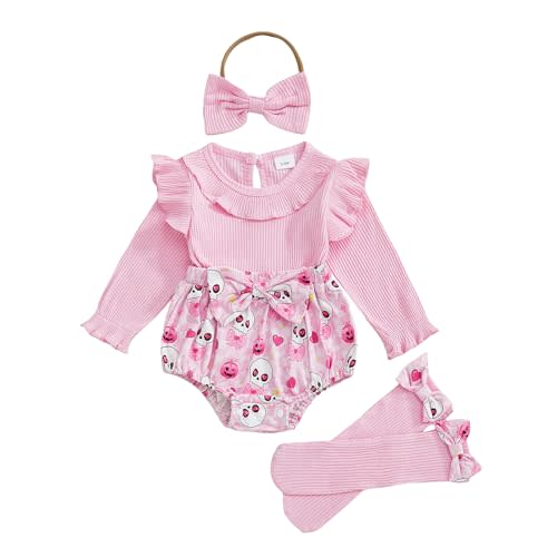 Newborn Baby Girl Halloween Outfit Skull Pumpkin Bat Print Ruffled Long Sleeve Romper Cute Halloween Baby Clothes