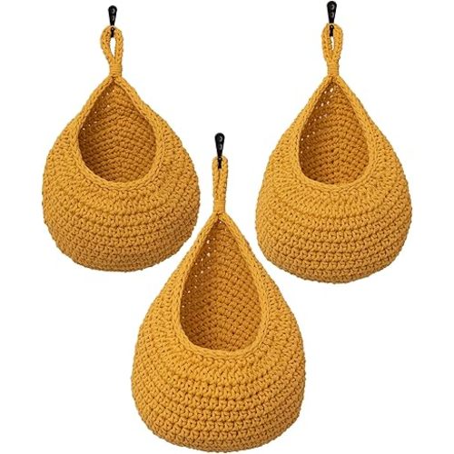 Wall Hanging Fruit Vegetables Basket -Odorless Small, Medium & Large Hanging Onion, Potatoes, Toys Baskets for Kitchen & Home Storage -Versatile Hand Woven Plant Basket Holder - Set of 3, Yellow