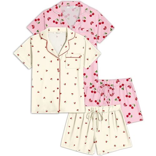 Ekouaer Womens Pajamas Set 2 Pack Button Down Summer Short Sleeve Pjs S-XXL