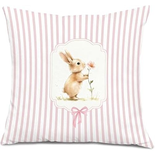 GDJIEGBC Floral Bunny Pillow Covers 18x18, Girly Room Decor Aesthetic, Cottagecore Baby Rabbit Pink Striped Decorative Throw Pillow Covers for Girls Bedroom Living Room Home