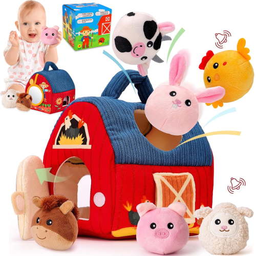 Baby Toys 6-12 Months, Stuffed Farm Animals with Barn, Rattle, Mirror - Montessori Toys for 1 Year Old Baby Boy Girl Gifts
