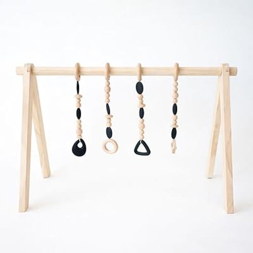Poppyseed Play Wooden Baby Play Gym, Montessori Activity Center for Infants | Natural Wood Frame with 4 Hanging Toys | Baby Gym for Floor Play | Tummy Time & Early Development | 0–12 Months