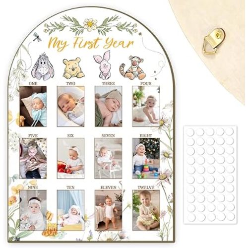 Cute Winnie My First Year Photo Board, 12 Months Baby Milestone Display,1st Birthday Decorations for Girls,the pooh Inspired Arch Wooden Board,Flower Nursery Keepsake Decor,Sweet Gifts for Baby Girl