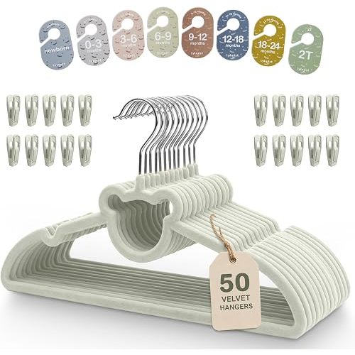 Velvet Baby Hangers with Clips & Size Dividers, 50 Pack